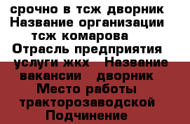 срочно в тсж дворник › Название организации ­ тсж комарова125 › Отрасль предприятия ­ услуги жкх › Название вакансии ­ дворник › Место работы ­ тракторозаводской › Подчинение ­ председателю › Минимальный оклад ­ 12 000 - Челябинская обл., Челябинск г. Работа » Вакансии   . Челябинская обл.